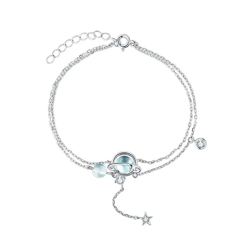 925 Sterling Silber 19 cm Doppelarmband Aquamarin Kristall verkrustetes Armband Eleganter femininer Trendschmuck – Detail 3