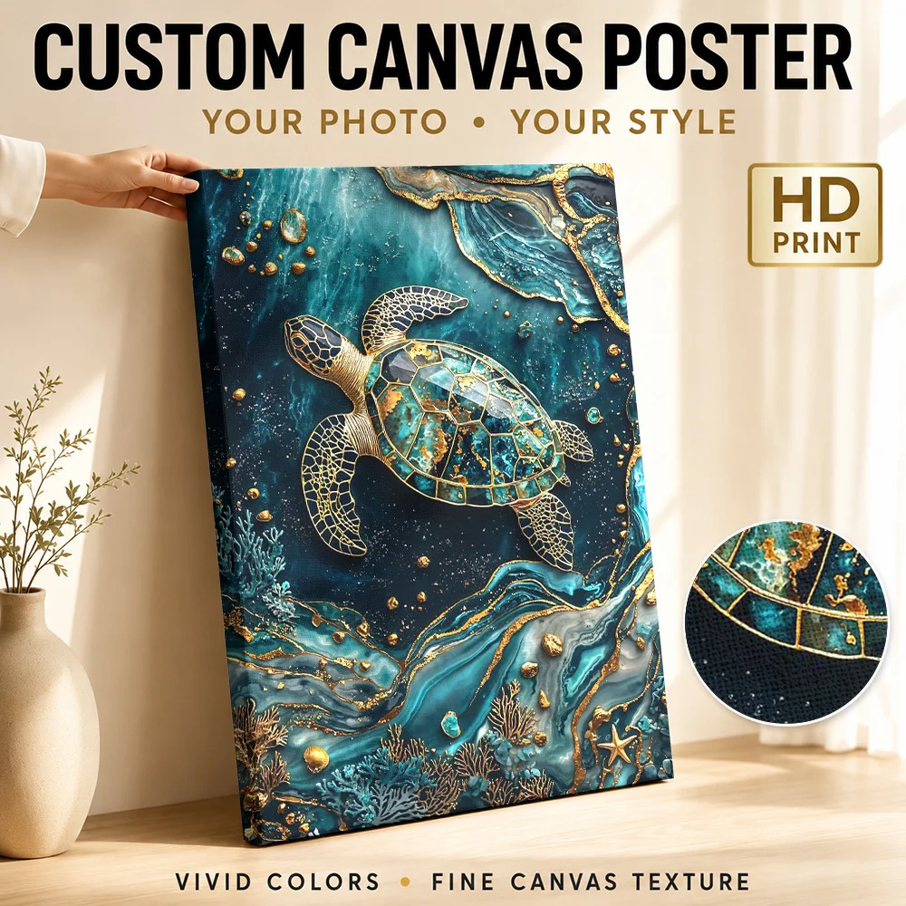 Sea Turtle Kintsugi Design Canvas Print With Wooden Frame Personalized Photo, Golden Seam Marine Detail Wall Art For Bedroom