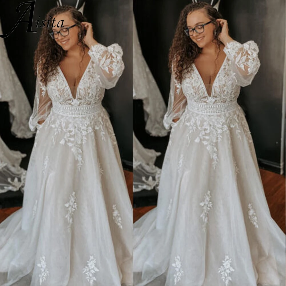 

Romantic A Line Bride Dresses Simple Lace Applique Wedding Dresses for Woman V-Neck Sweep Train Wedding Dress Vestidos De Novia