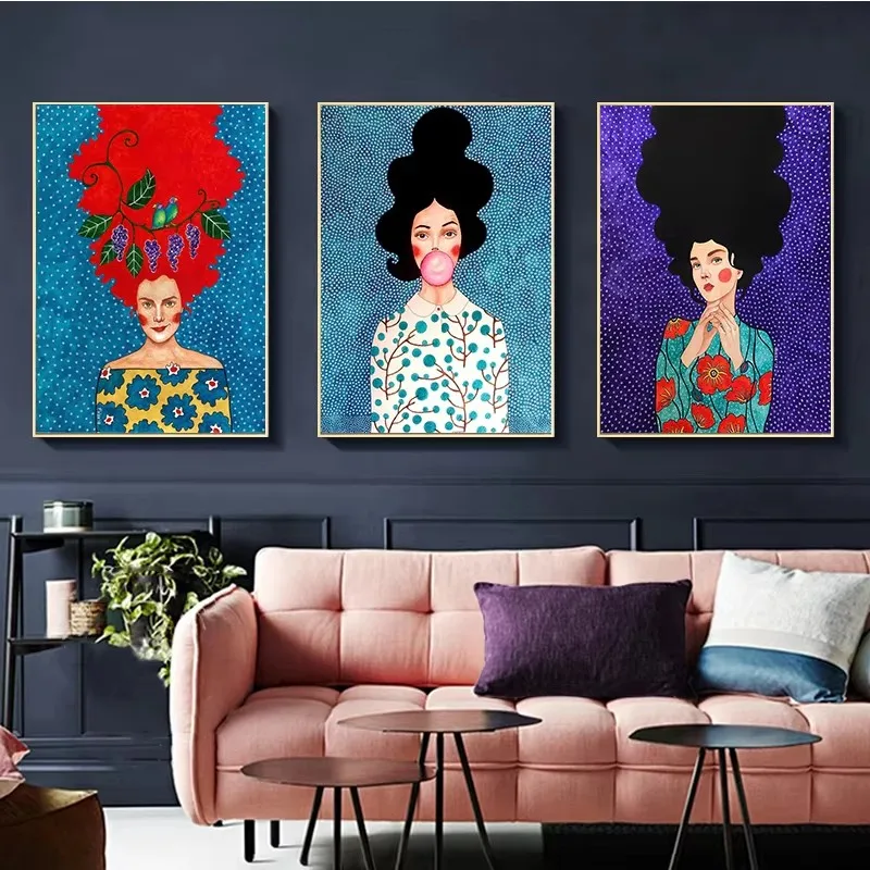 Vintage Abstract Girl Hair Flower Women Wall Art Poster Fashion Nordic Canvas Painting Wall Art Pictures for Home Decoration