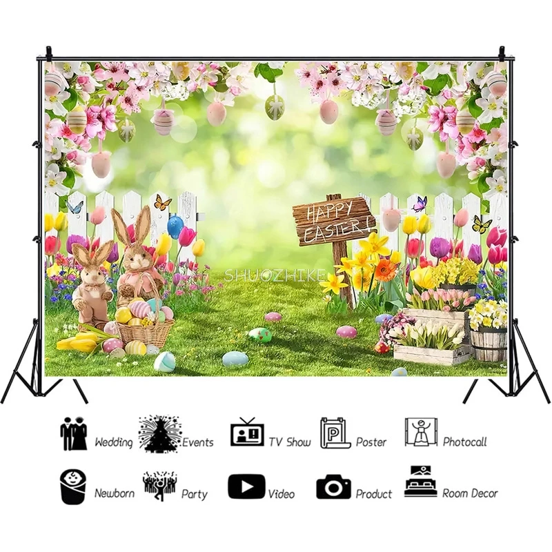 SHUOZHIKE Green Spring Easter Day Photography Backdrops Props Hare Rabbits Colorful Eggs Wood Photo Studio Background VV-15