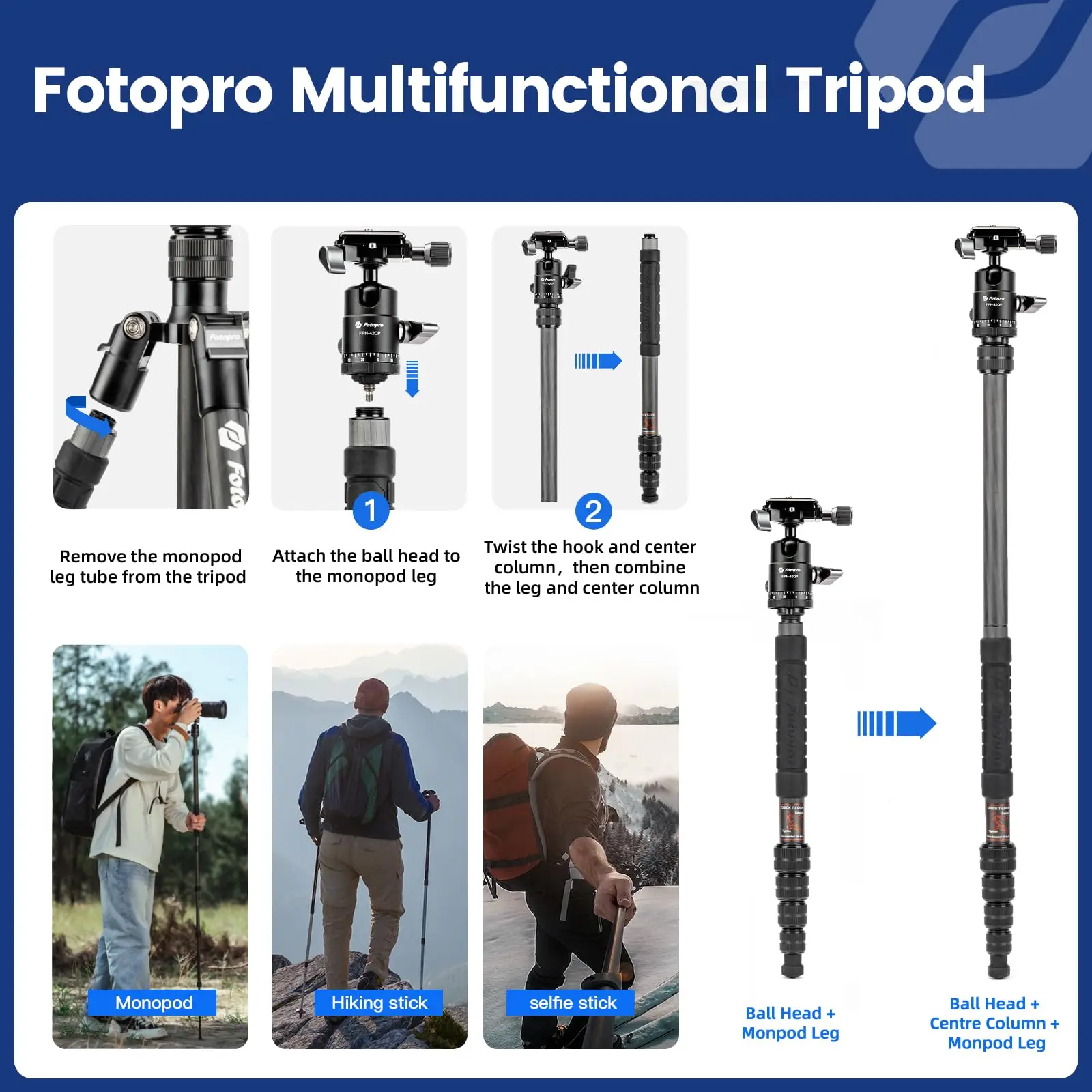 Fotopro 59-дюймовый дорожный штатив из углеродного волокна, компактные штативы для камеры, съемный монопод для DSLR X-GO E2