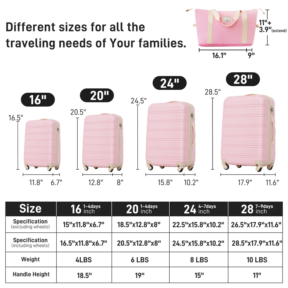 أطقم أمتعة هارد شل 4 قطع + حقيبة دوارة مع قفل TSA خفيف الوزن - 16 بوصة + 20 بوصة + 24 بوصة + 28 بوصة أمتعة
