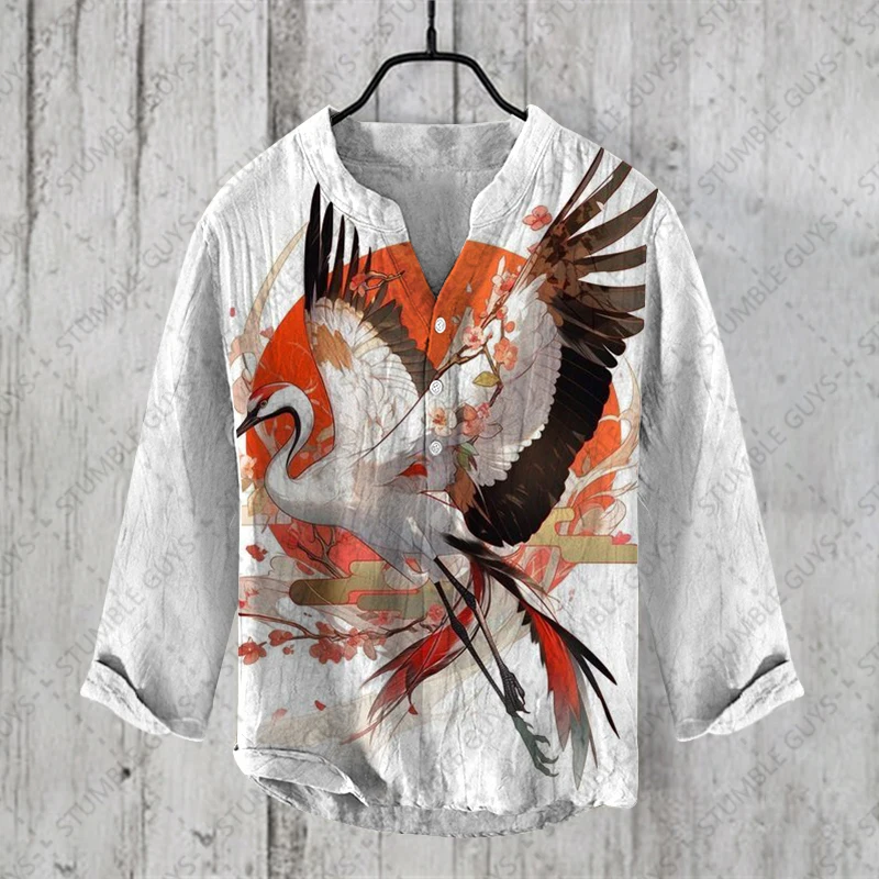 2024 Autumn Japanese-style Henry Shirt Men's casual printed long sleeved T-shirt foreign trade fashion tops