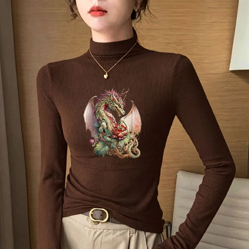 Winter Women's Thermal Brushed Fleece Half Mock Neck Long Sleeve T Shirt Dragon Rose Floral Graphic Warm Tee