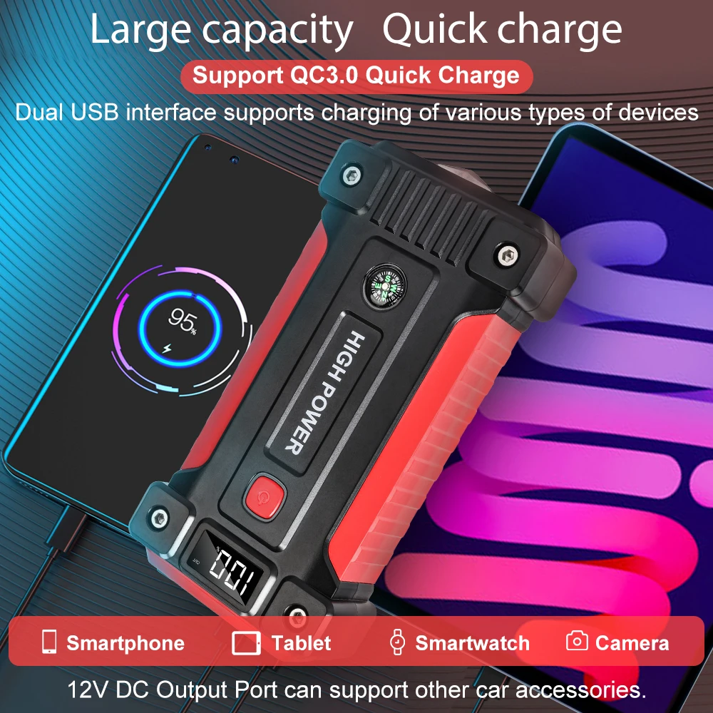 2000A Battery Jumper Starter Portable (for 6.0L Gas or 5.0L Diesel Engine), Car Battery Jump Starter LED Light/USB QC3.0