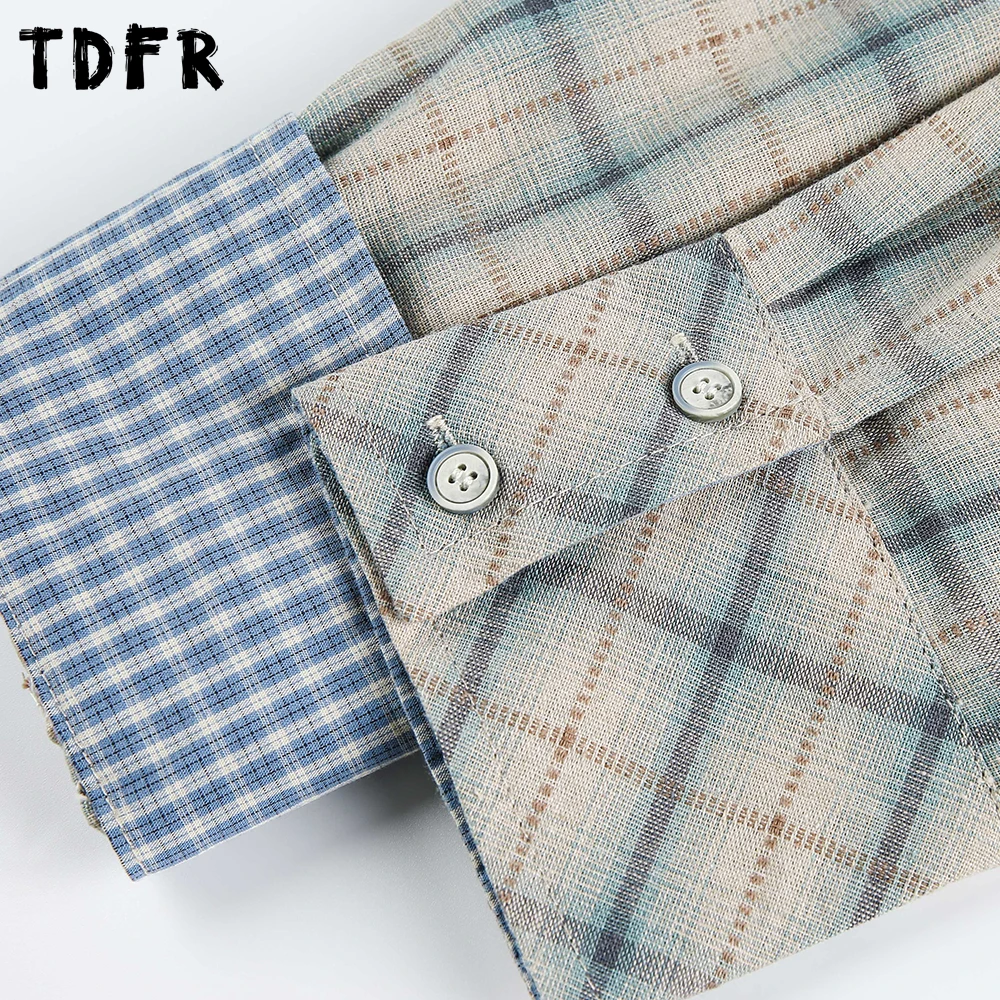 Camisas xadrez de bolso de retalhos dos homens retro casual outono solto único breasted lapela manga longa camisas de algodão homem