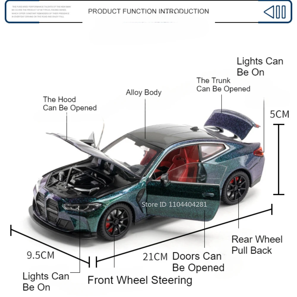 1:24 M4 M3 juguetes en miniatura, coche de aleación fundido a presión con sonido, luz, puertas extraíbles, ruedas delanteras abiertas, vehículos de dirección, regalo para niños