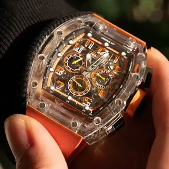 CRONUSART Men Chronograph Watch Tonneau Automatic Mechanical Wristwatch Sapphire Case & Mirror Luminous Skeleton Dial FKM Strap