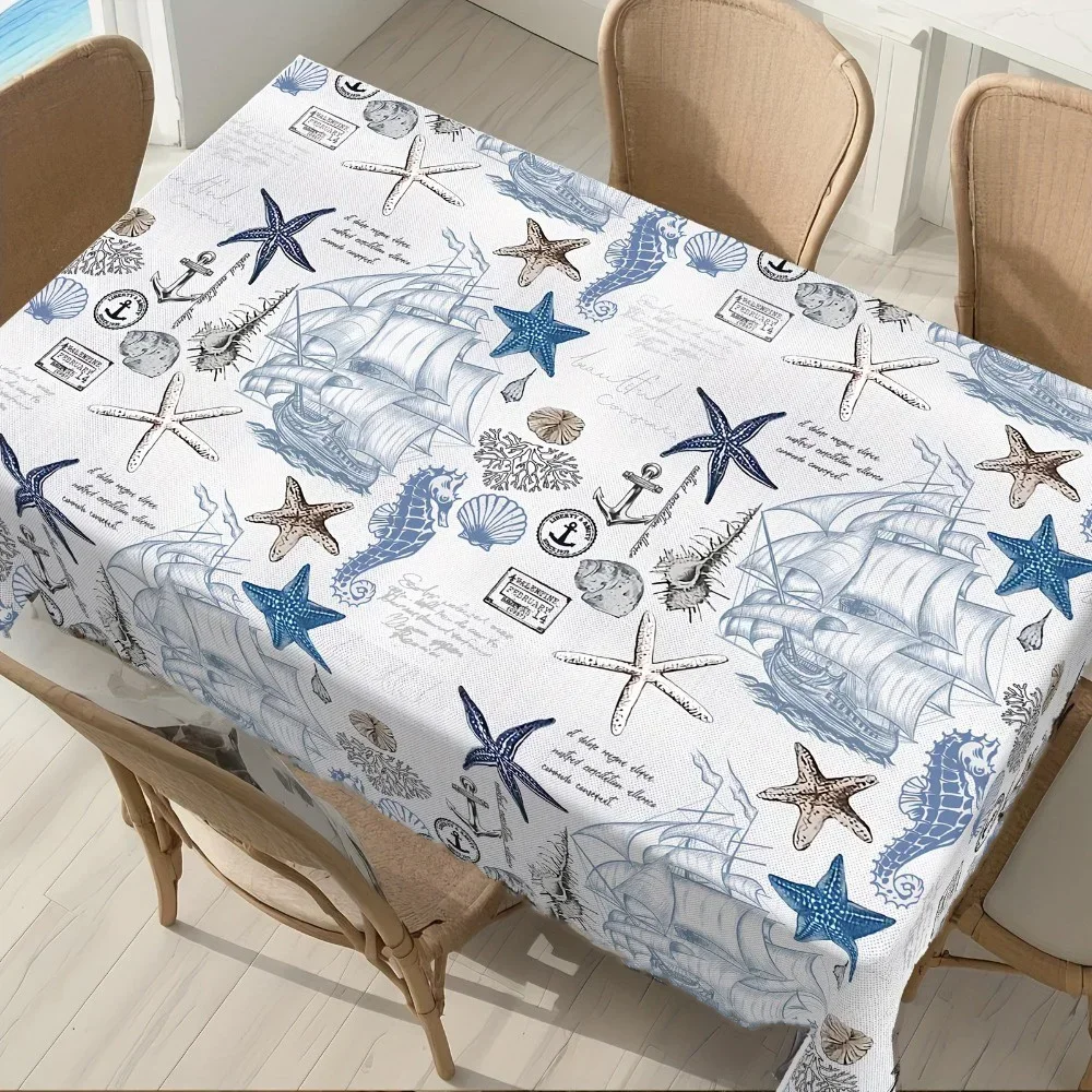 1pc Maritime Theme Watercolor Tablecloth - Rectangular tablecloth, decorated with shells and yzb
