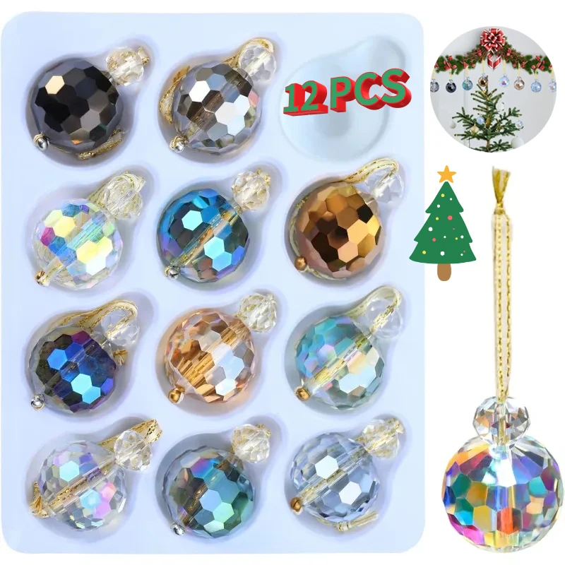 12 Pieces Multi-color Crystal Glass Christmas Balls 0.87 Inch Mini Colorful Prism Balls Christmas Tree Decorations Hanging Balls