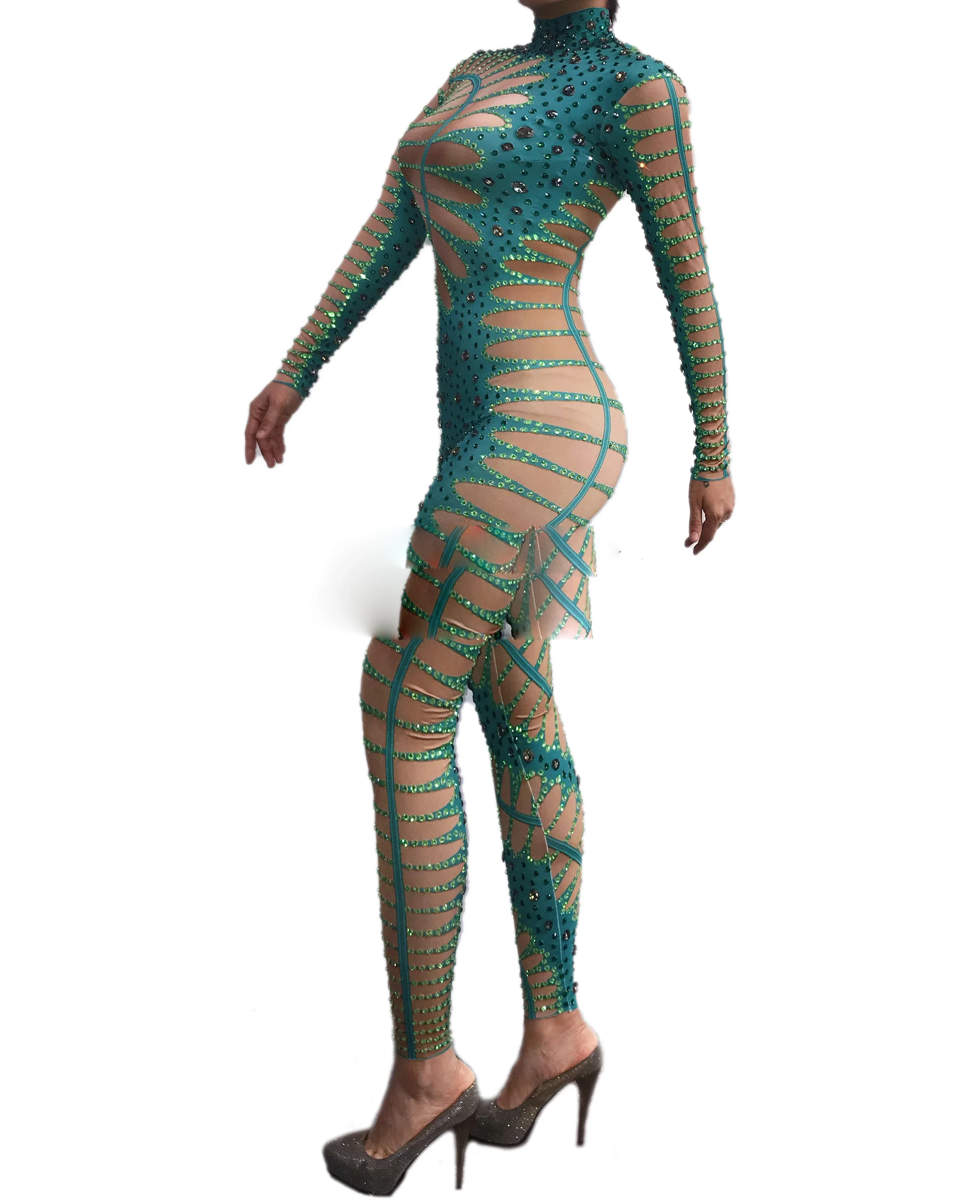 Sexy Stretch Dance Bodysuit party girl singer stage show wear Rhinestones Green Nude Jumpsuit