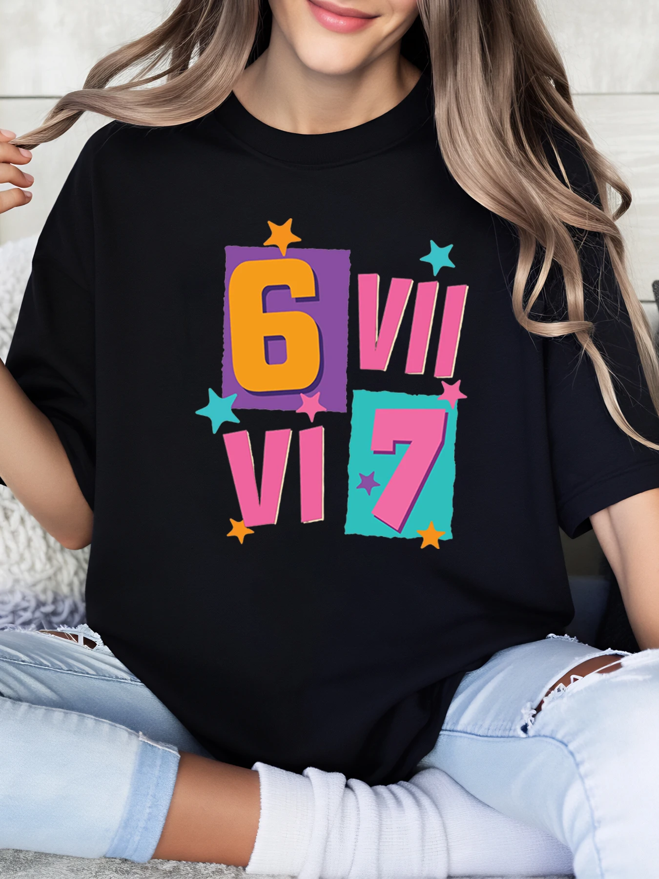 Number Six and Seven Roman Numerals Birthday Design T-Shirt Women Casual Wear Party Outfit Black Plus-Size