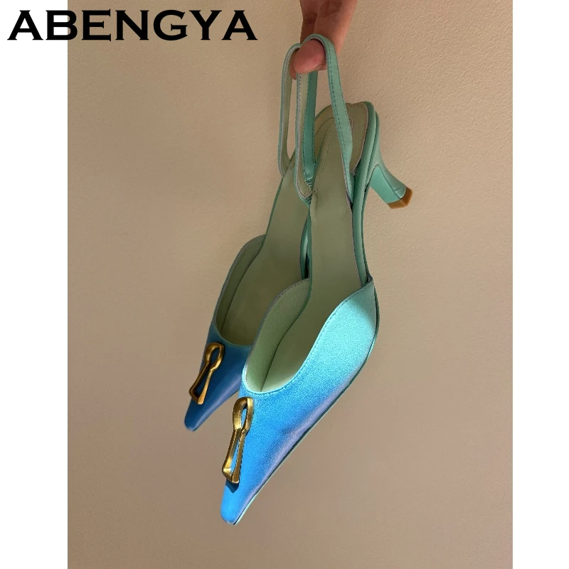 

2025 Summer Pointy Toe Metal Buckle High Heels Half Slippers For Women Real Leather Pumps Mules Sexy Runway Party Sandals Female