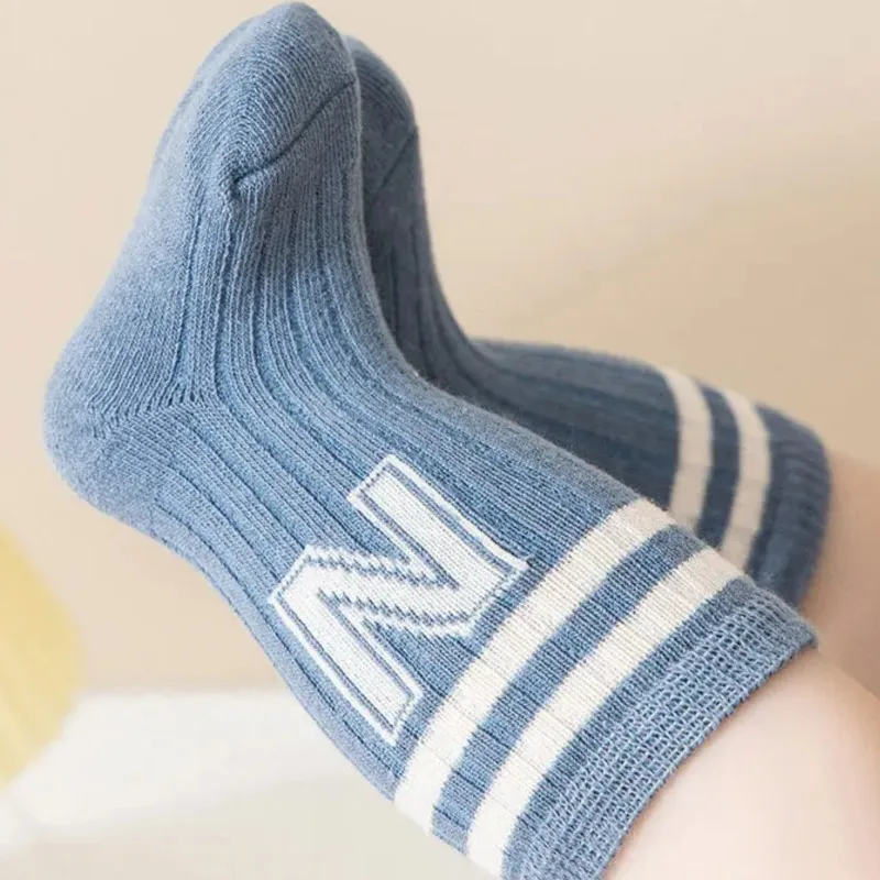 3 Pairs Infants Letter Socks Cotton Knit Soft Cute Toddler Boys Casual Socks Kids Baby Girls Striped Middle Tube Long Socks