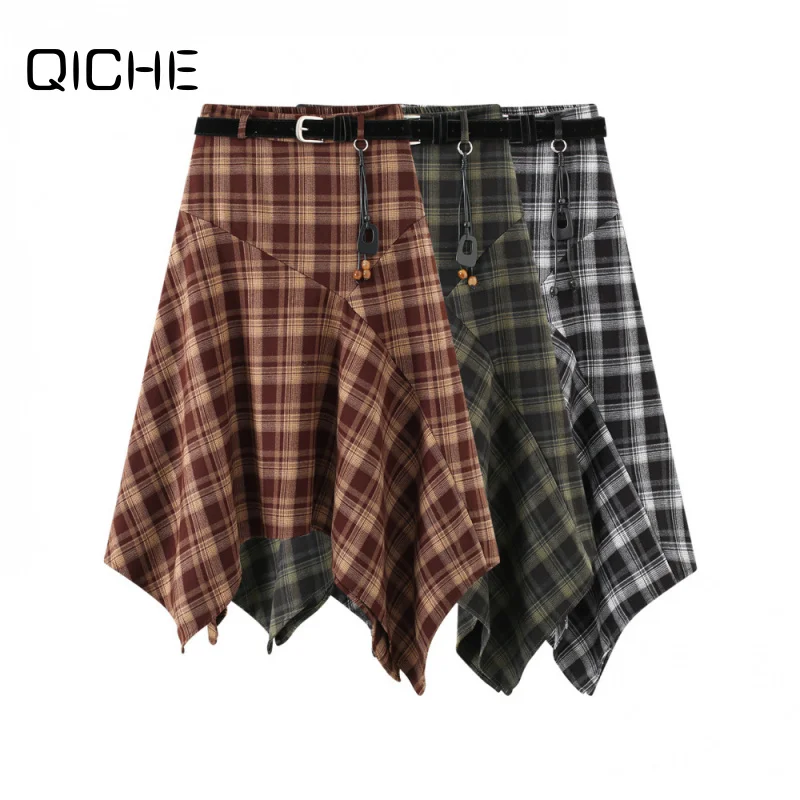 QICHE 2026 Women Irregular A Line Plaid Midi Skirt, High Waist Slim Vintage Korean Flowy Fall Skirt