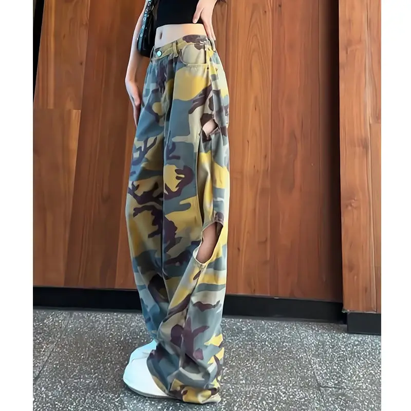 Spring Summer New Camouflage Printing Wide Leg Trousers Women High Street Casual Loose Button Pocket Patchwork Hollow Out Pants