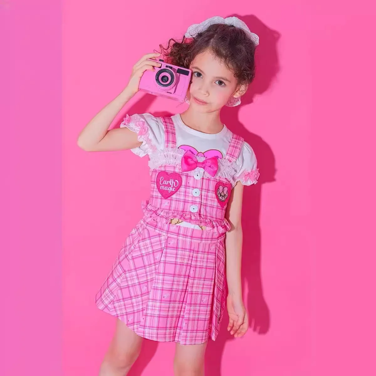 Girls' Skirt 2024 Summer Trendy Brand Children's Plaid Vest + Strap Skirt Set