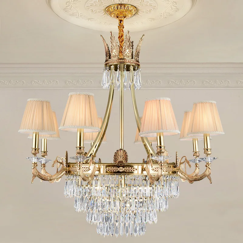 

European Style Decoration Luxury Villa Brass Crystal Chandelier Living Dinning Room Lamp French Copper Fabric Pendant Light