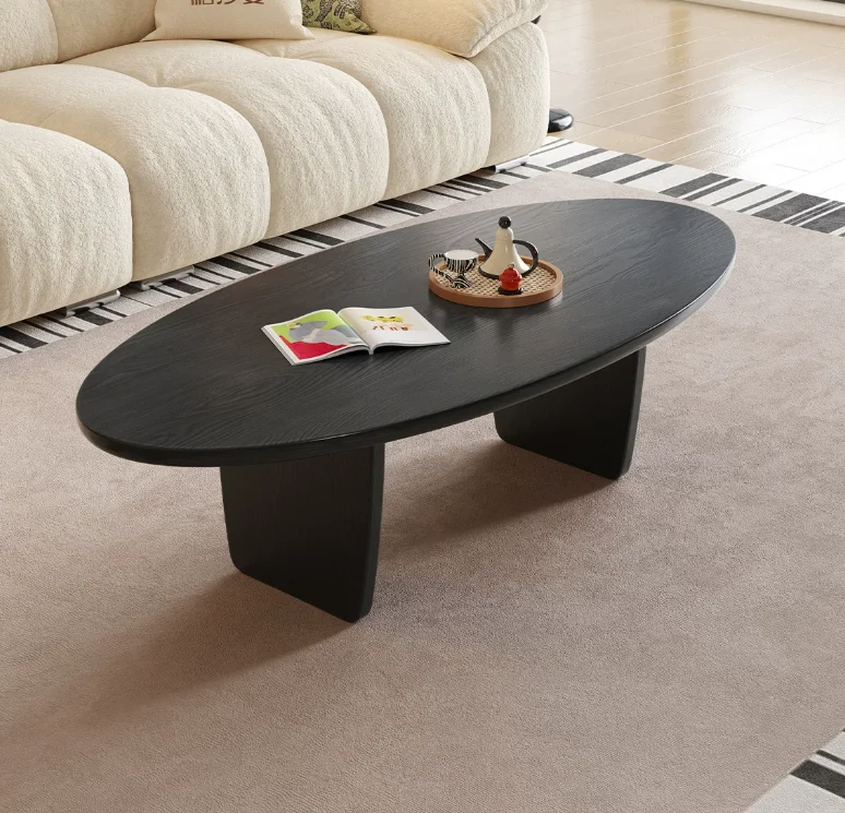 xx-Modern Nordic Style Small Apartment Solid Wood Coffee Table, Wabi-sabi Black Oval Small Tea Table, Long Coffee Table&