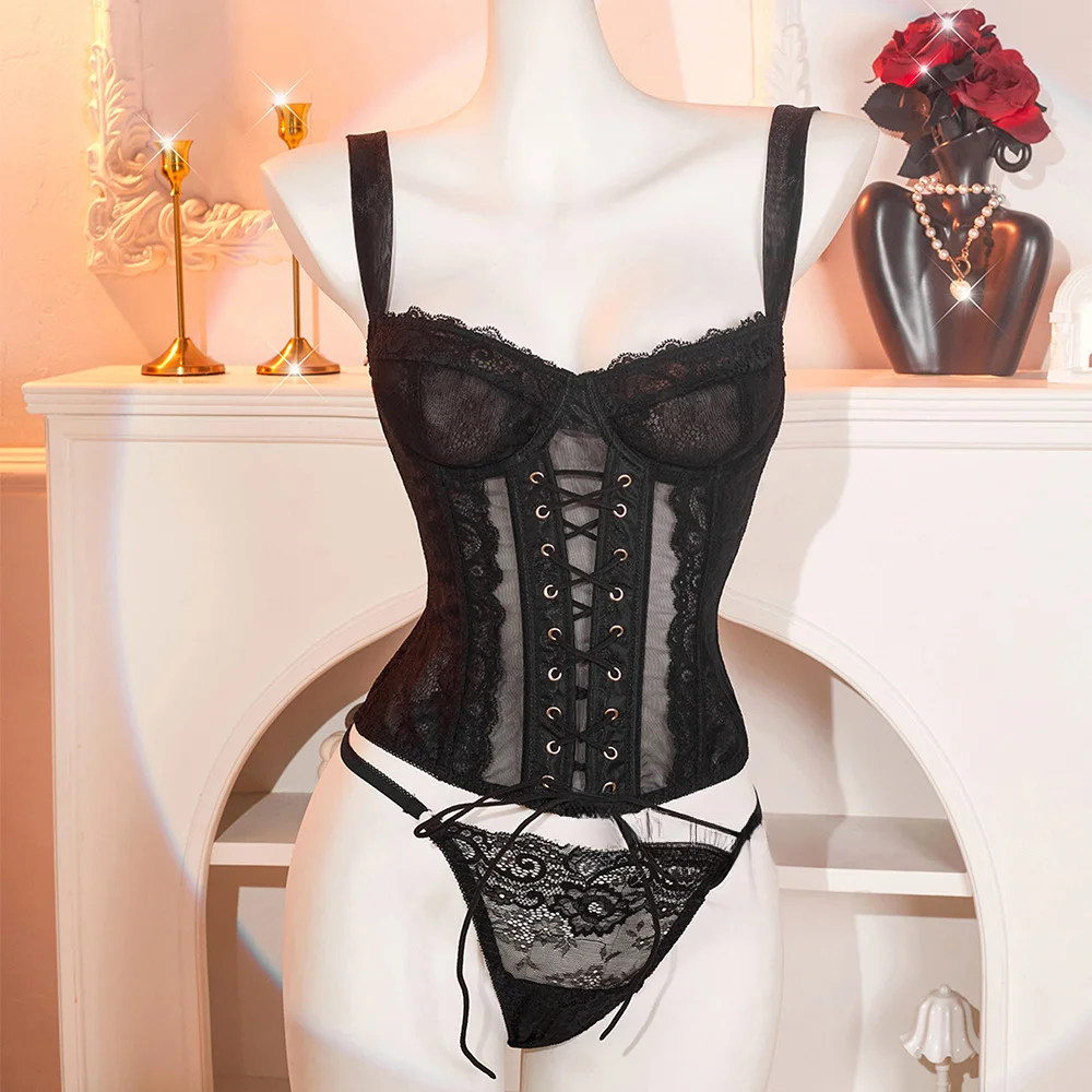 

Women's Corset Lace-up Underbust Lace Mesh Fishbone Bustier Tops Sexy Lingerie Camisole Corsets Overbust Slim Halter Shaping Top
