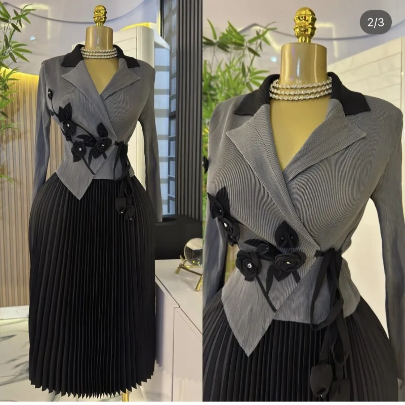 Miyake Plissee Afrikanische Frauen Plus Größe Kleider Hals Taille Stereoskopische Blume Dekoration Lose Elegante Dehnbare Lange Rock