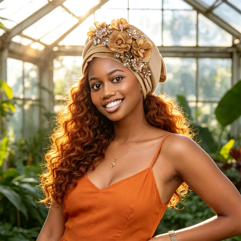 Flower Diamonds Turban Cap for Women Muslim Hijab Bonnet Head Wrap African Auto Gele Headpiece Turbante Nigeria Wedding Geles
