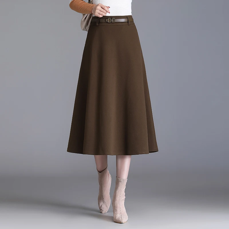 

Womens 2024 Autumn/Winter Black/Coffee A-Line Skirt Fashion High Waist Ladies S M L XL XXL 3XL Size Female Mid-Calf Skirt