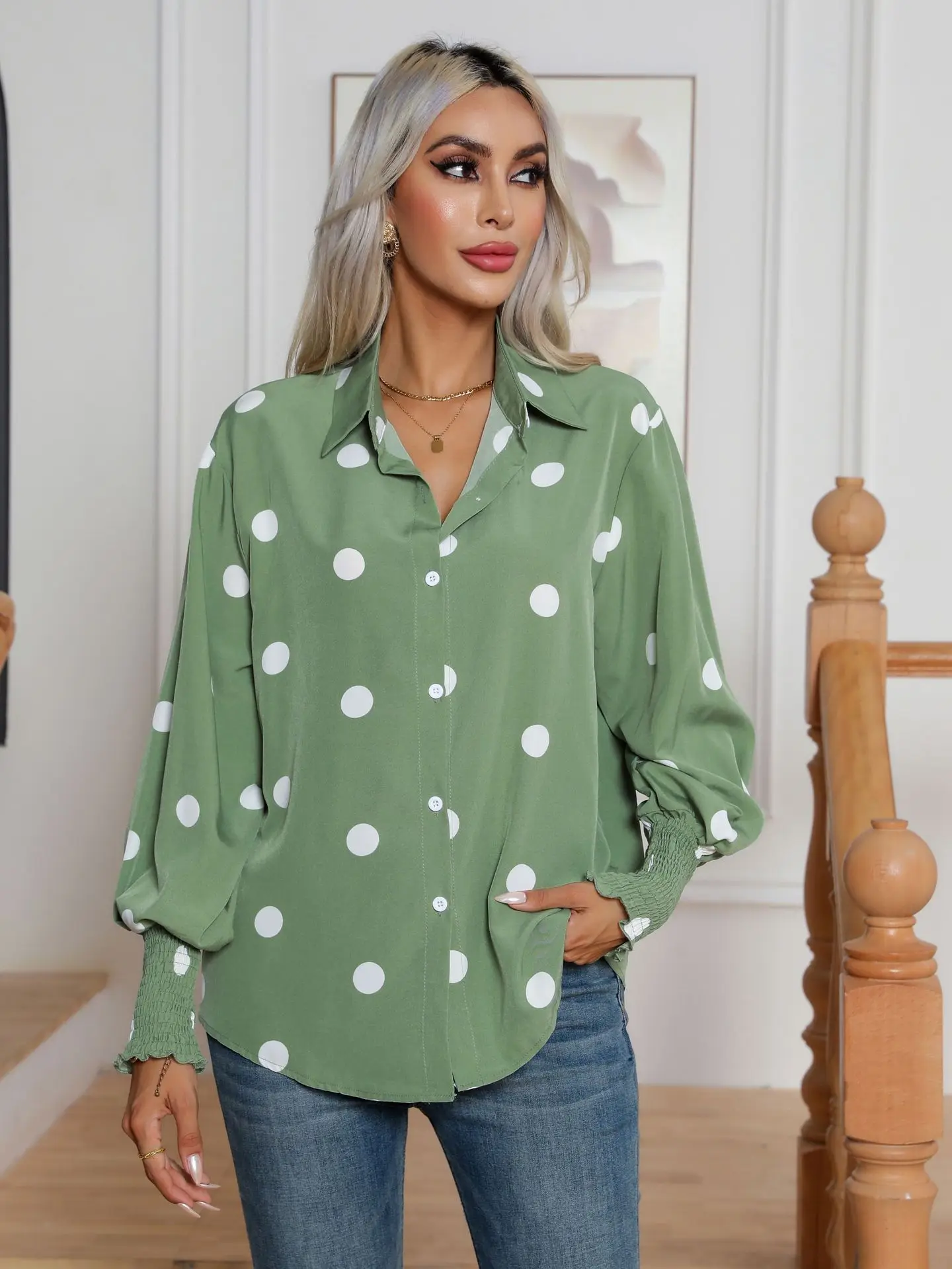 Green Shirt Women Vintage Polka Dot Print Blouse Female Spring Lantern Sleeve Tops Ladies Elegant Casual Single Breasted Blusas