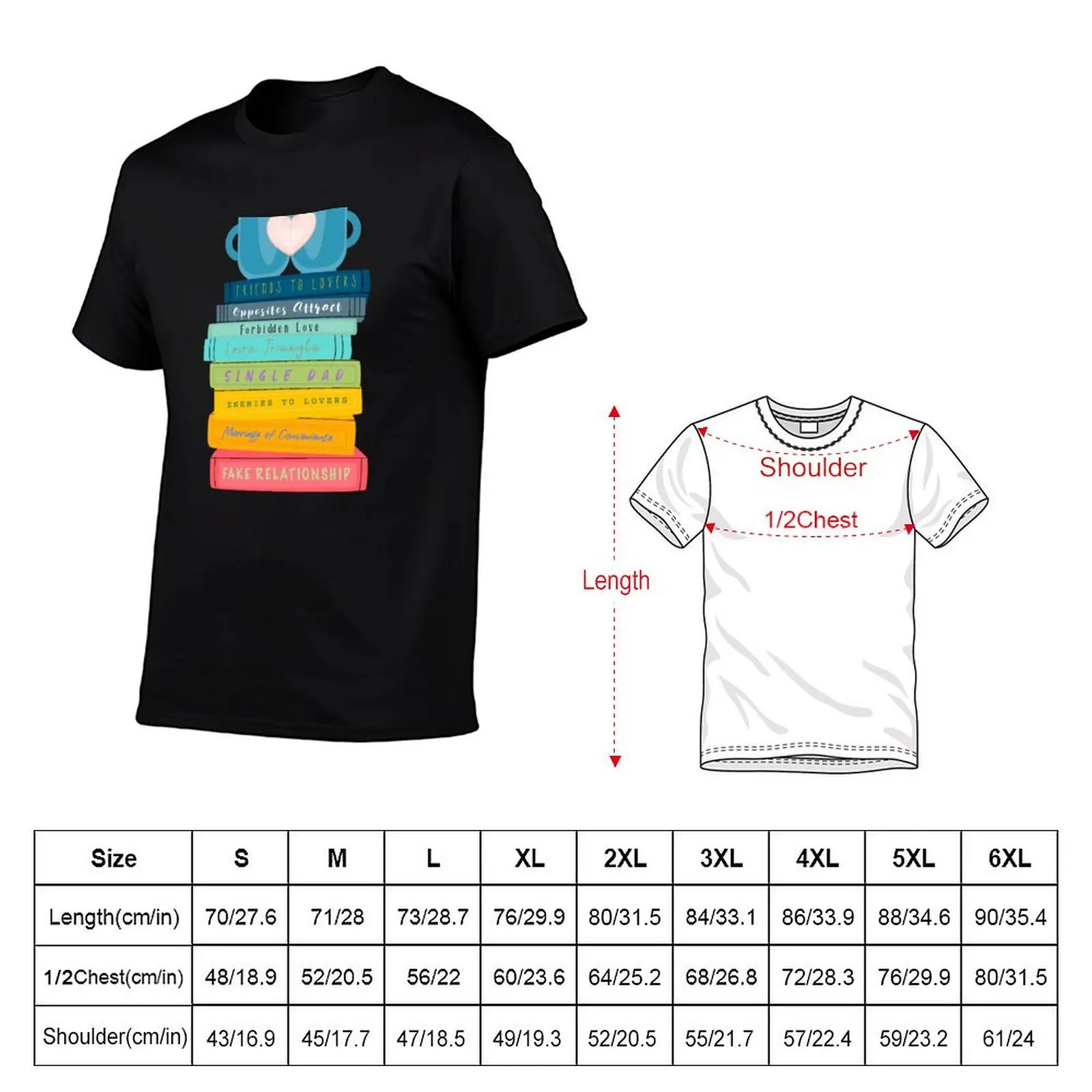Rainbow Bookstack, TBR Pile, Romance Tropes,Coffee and Reading T-Shirt Novelty Graphic Tee Shirt