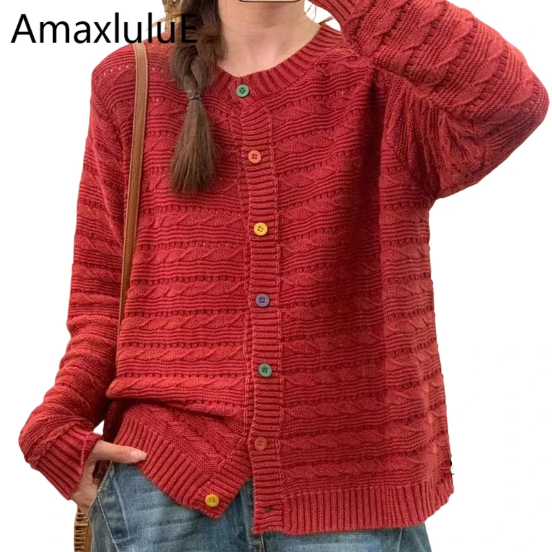 Amax LuluE European Fashion Fall Cardigans Ladies Loose Casual Sweaters 2026 Womens Classic Vintage O Neck Warm Knitted Knitwear