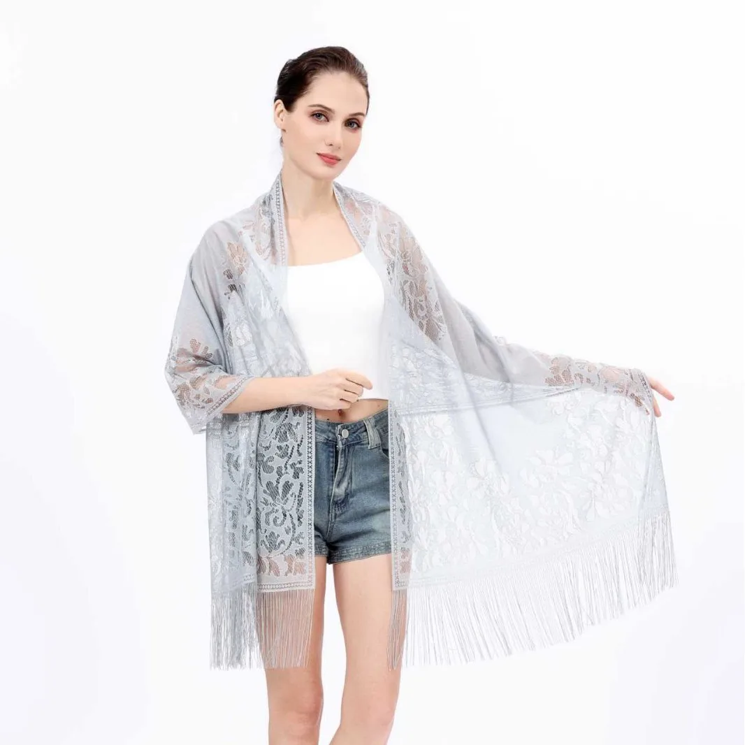 

Ladiery Women's Floral Lace Scarf Shawl with Tassels, Soft Mesh Fringe Wraps for Wedding Evening Party Dresses
