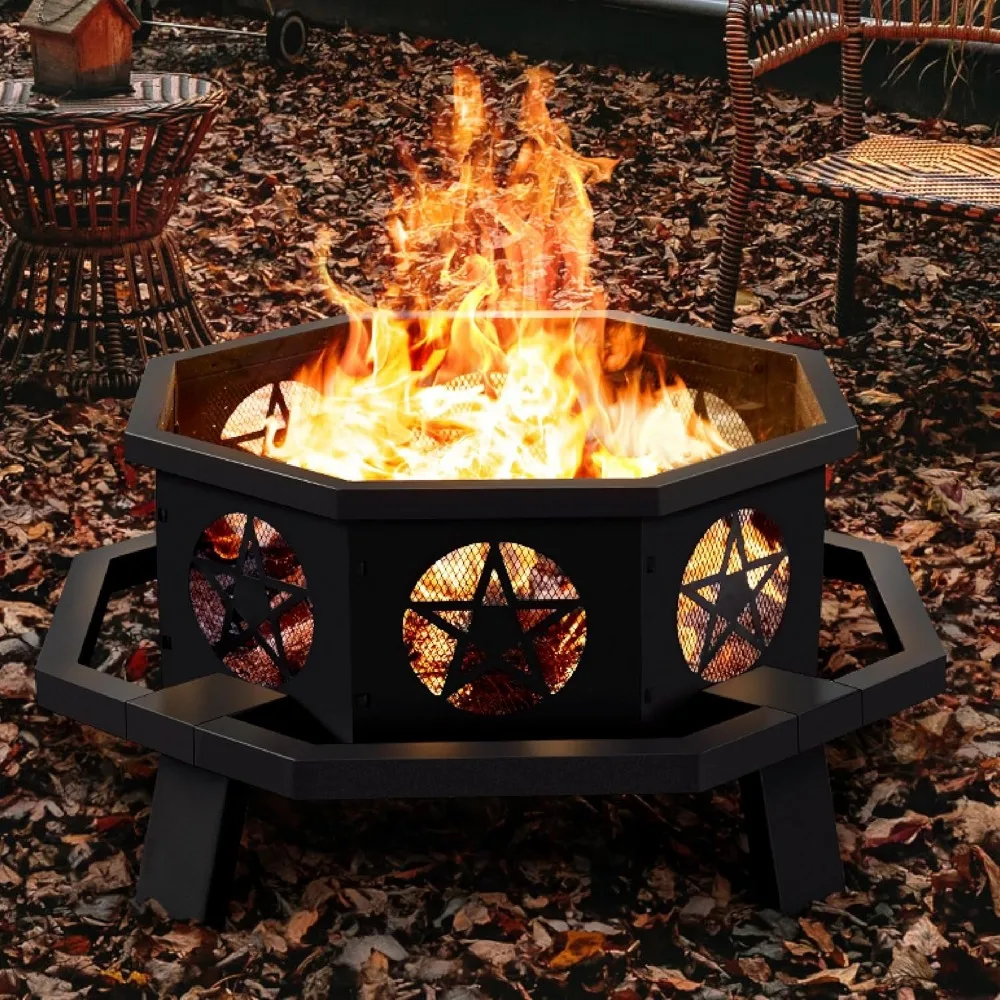 

Outdoor Fire Pit with Cooking Grill,Wood Burning Fire Pits for Outside,Octagonal Heavy Duty Large Firepit with Poker for Bonfire