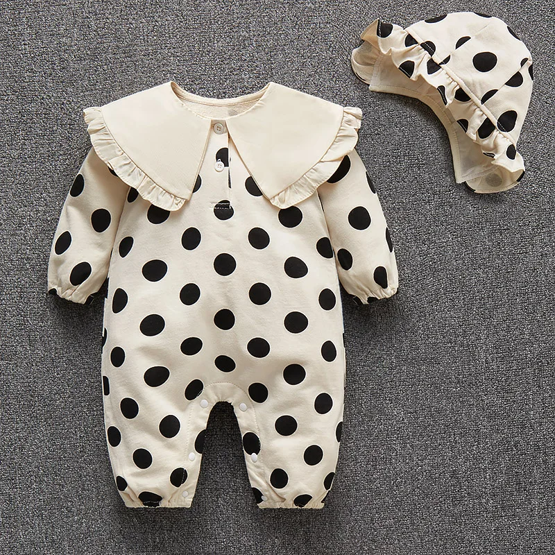 Polka Dot Newborn Baby Girl Rompers Long Sleeve Autumn Princess Infant Onesie Clothes Girls Jumpsuit + Hats