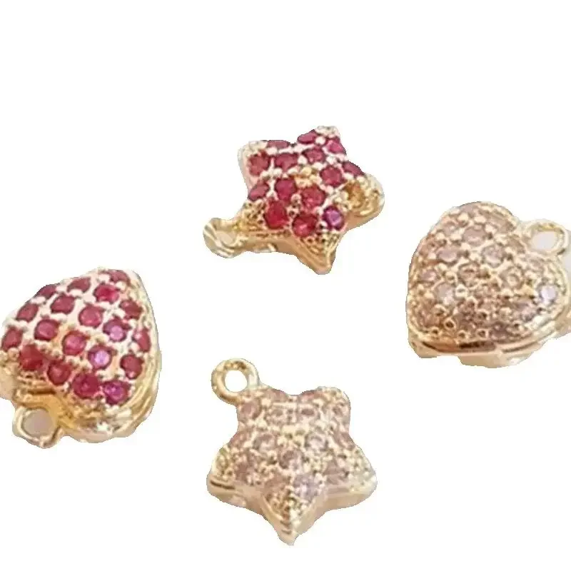 14K 골드 컬러 인레이드 지르콘 입체적인 속이 빈 오각형 하트 모양 마이크로 인레이드 펜던트 DIY 쥬얼리 펜던트