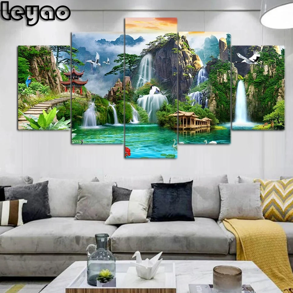 5d diy Diamond Embroidery Waterfall And Mountain Lake Natural Crannell Square Round Drill Diamond Painting Feng shui 5pcs/set