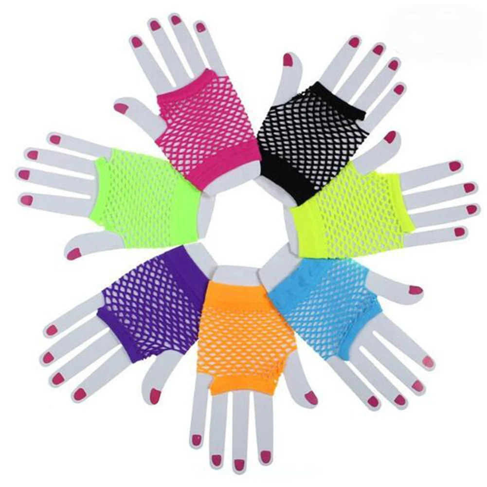 Summer New Women Girls Fashion Neon Candy Color Short Gloves Mittens Fingerless Half Finger Sexy Hollow Out Mesh Fishnet Gloves