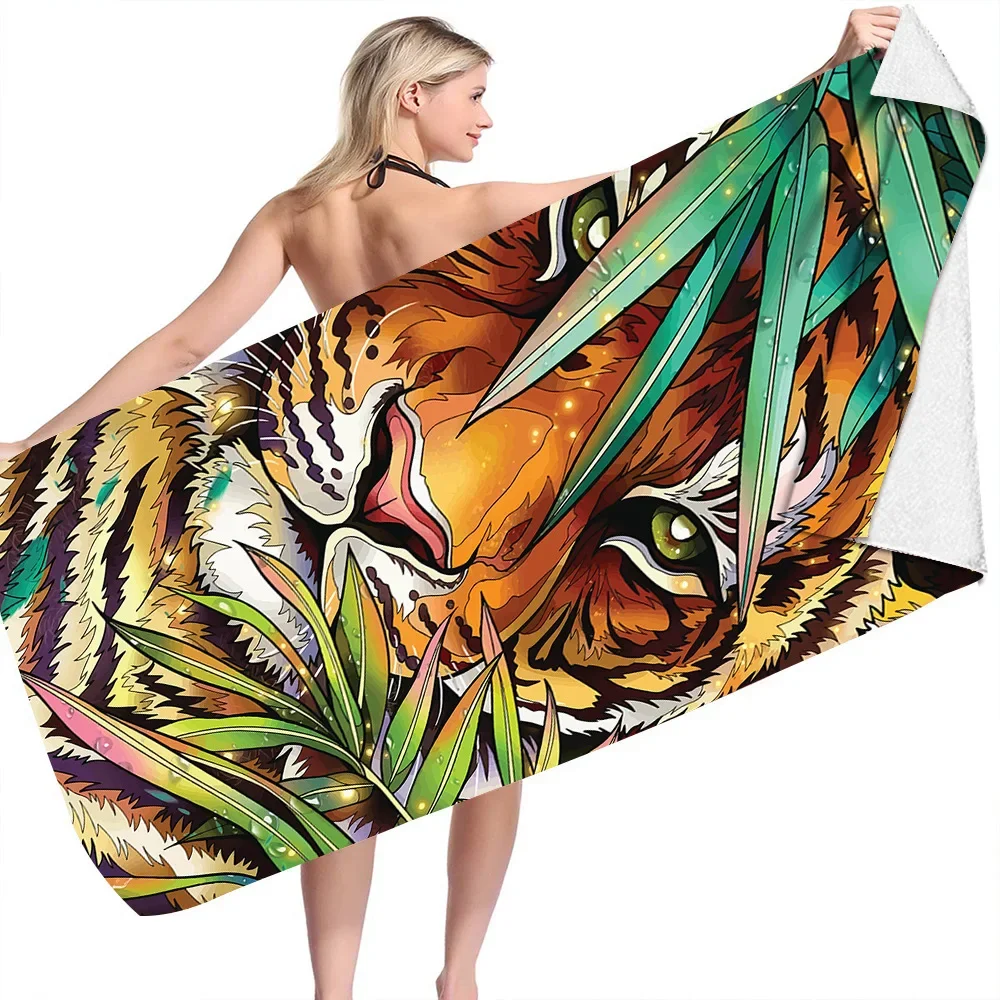 Printed Animals Tiger Tropical Leaves Microfiber Beach Towel Microfiber Quick Dry Adults Summer Sport Towel Travel Sunbath Cloth