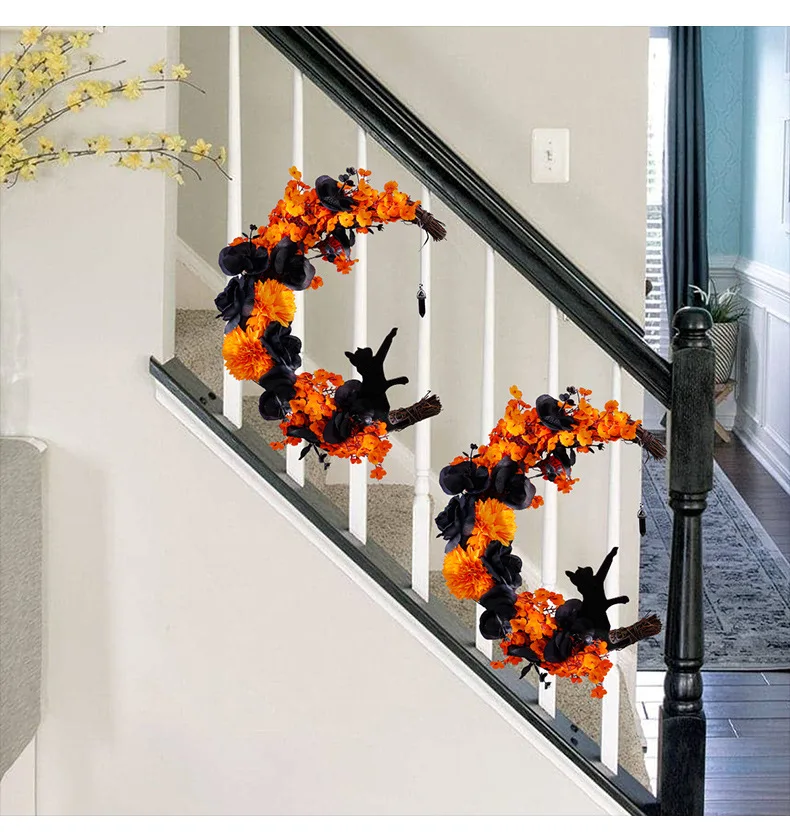 Halloween Orange Black Moon Cat Wreath Door Hanging Garland Outdoor Courtyard Home Front Door Decoration Ornament Supplies