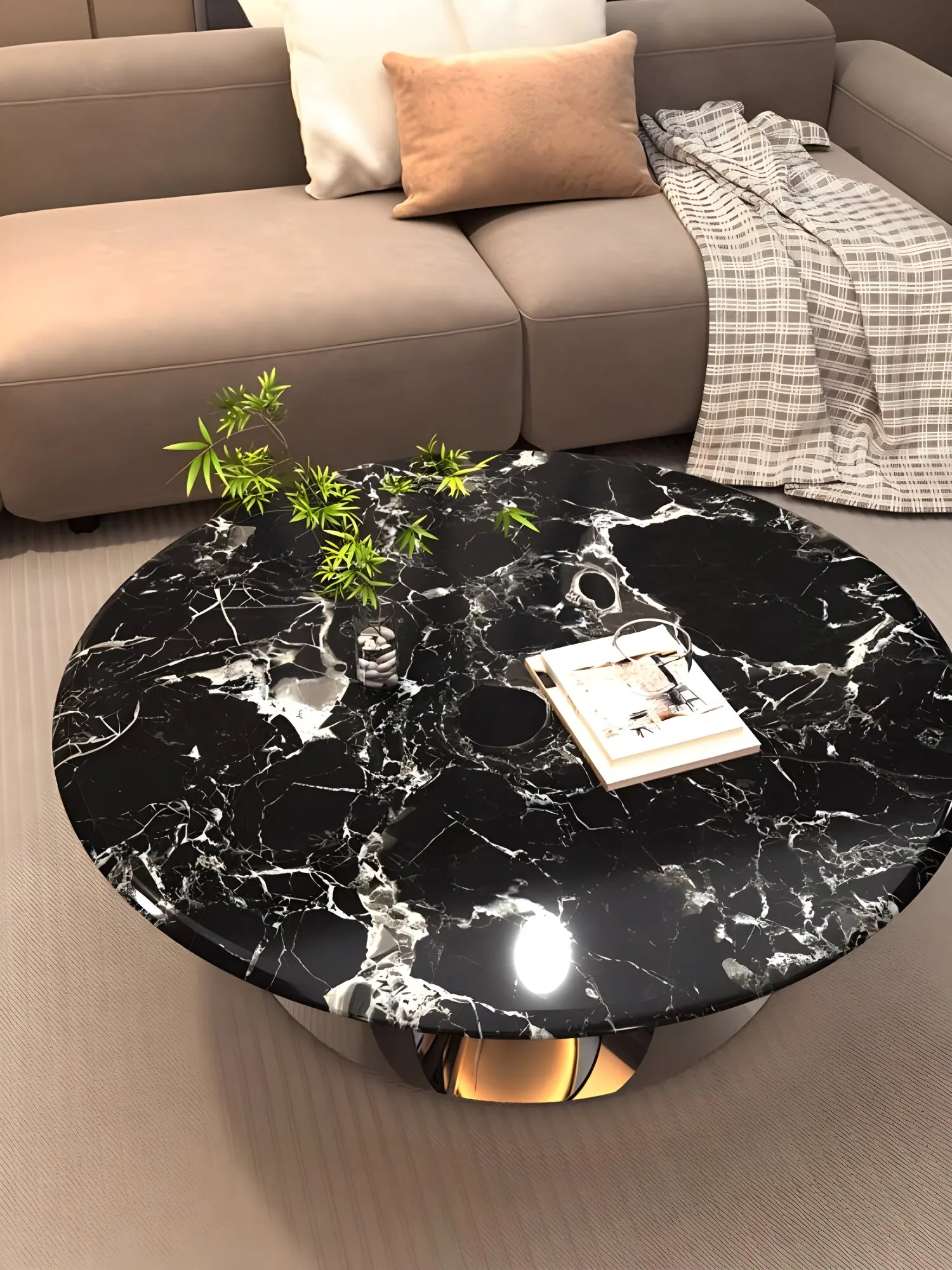 

Italian natural black rose luxury stone coffee table modern simple living room home high-end designer round small coffee table