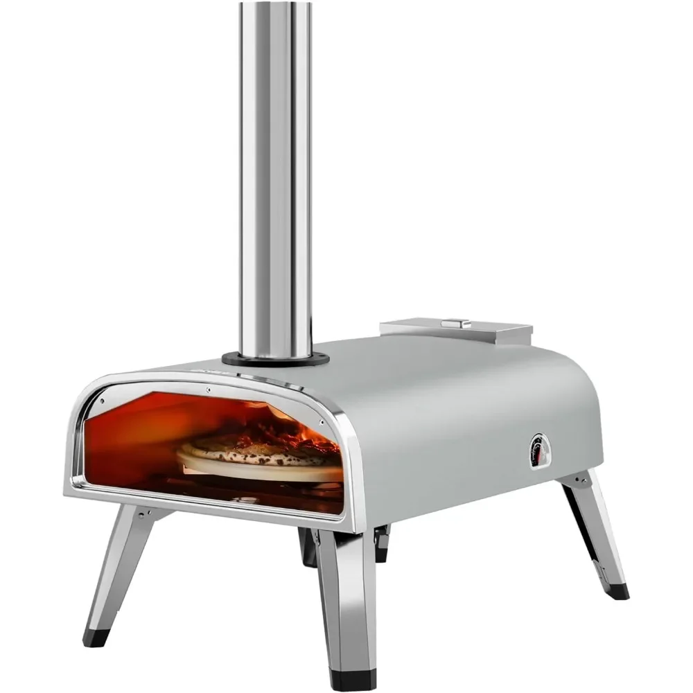 

Outdoor Pizza Oven 12" Wood Pellet Pizza ovens With Rotatable Round Stone Portable Wood Fired with Grey-revolving Freight free