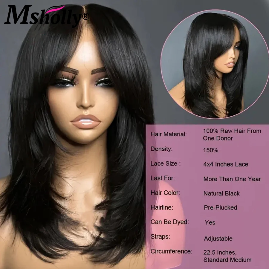 Inspired Layers With Curtain Bangs Wavy Wig 4x4 Glueless Wigs 100% Human Hair Wigs Free Part Clear Lace Preplucked Wig For Women