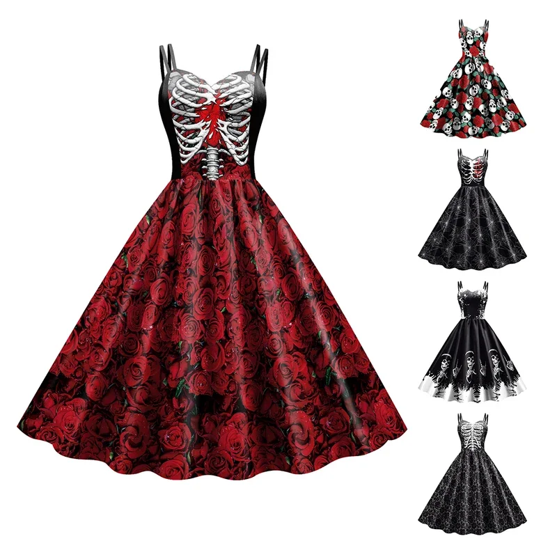 Farbe Cosplayer Halloween Cosplay Kleid Frauen Kostüm ärmellose Vintage Party Kleider Schädel Hexe gruselige Kleidung Tag der Toten