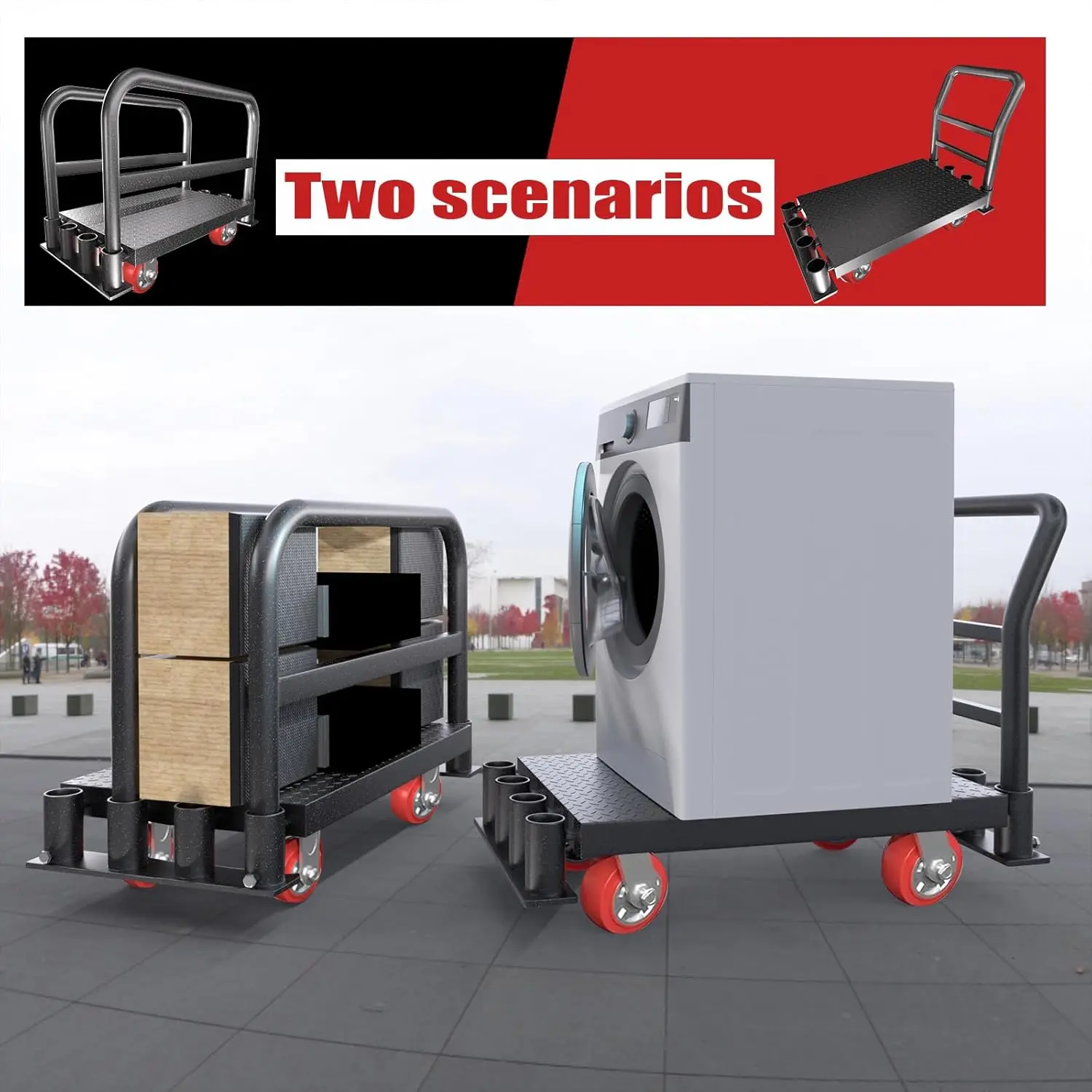 Handrails,2200 lbs Capacity Drywall Cart&Lumber Cart, Platform Truck w/2 Swivel Casters, All-Steel Hand Truck,Push Cart