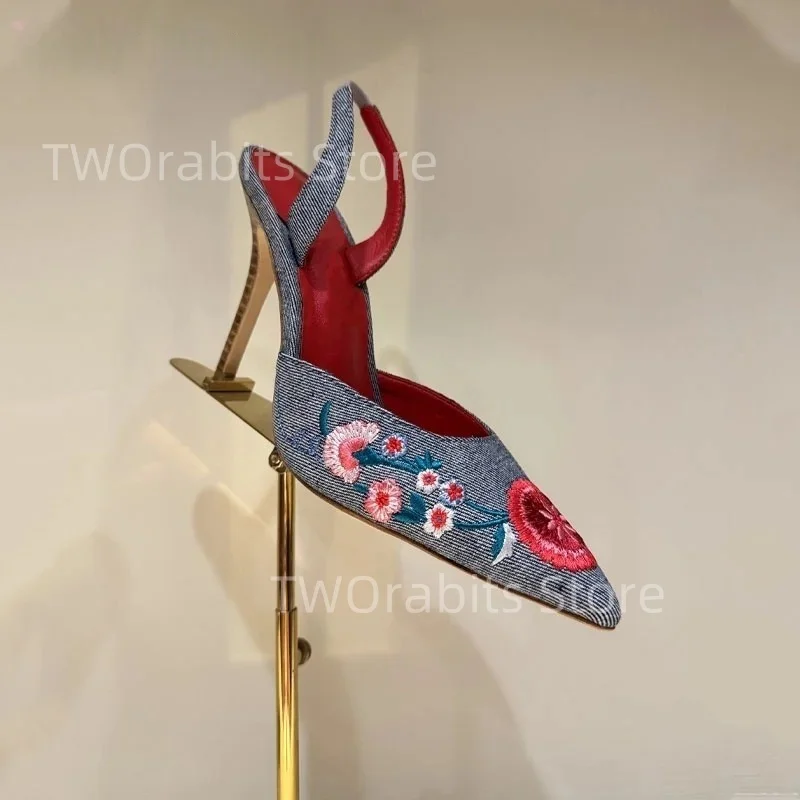 صنادل الزهور المطرزة يدويا العرقية خمر فستان حلو المرأة الدنيم حفلة عطلة نسيج خشبي حزام الظهر عالية الكعب جديد #4