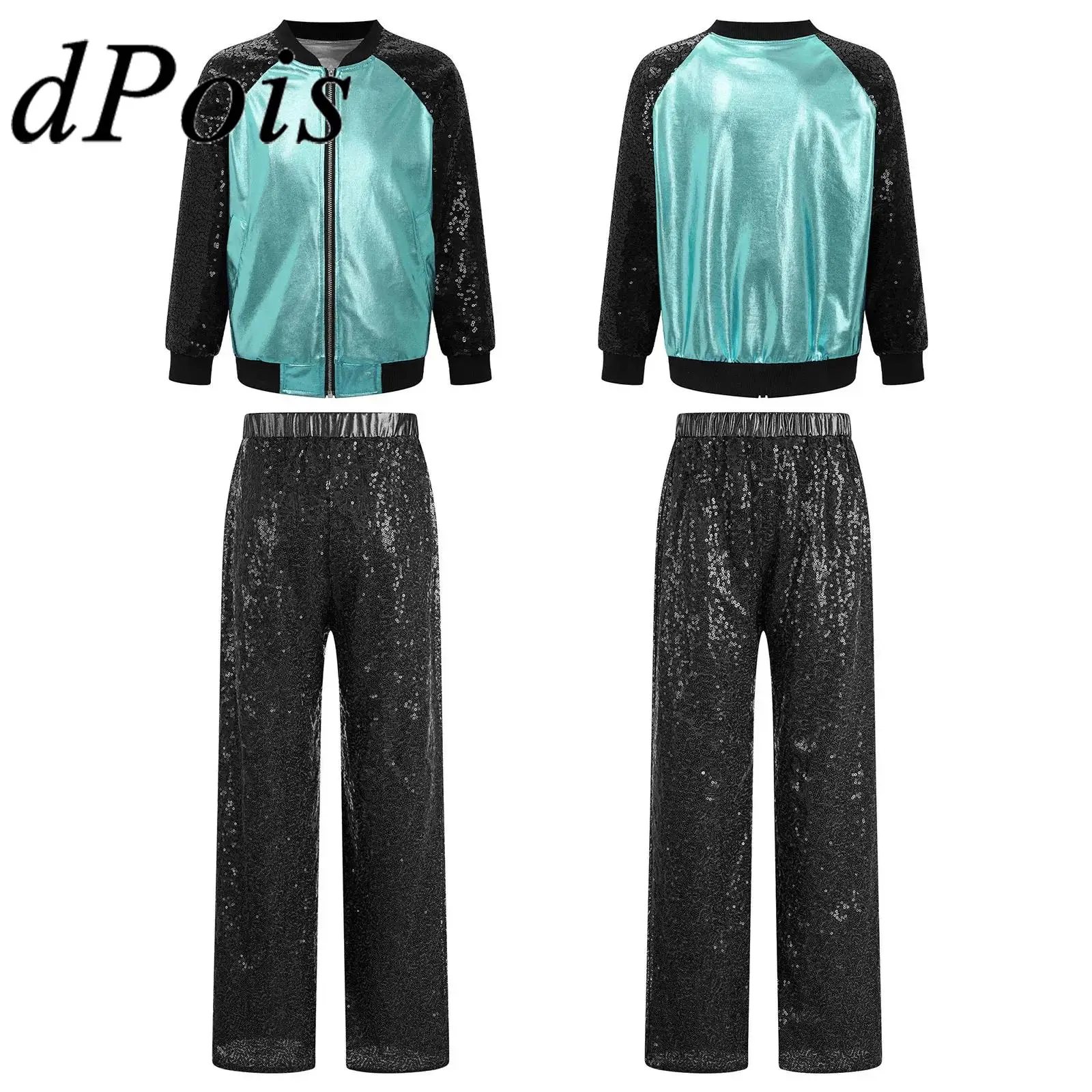 Kinder Mädchen Pailletten Jazz Hip Hop Outfit Kinder Metallic Jacke Hosen Teen Mode Street Dance Wear Party Kostüm Dancewear Sets
