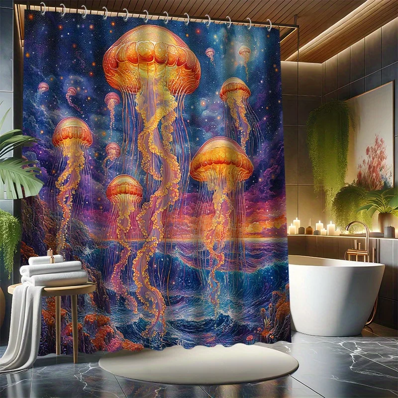 

Набор занавесок для душа с оранжевой медузой, психоделический фэнтезийный пейзаж, стиль масляной живописи, перегородка для ванны, современный декор для ванны