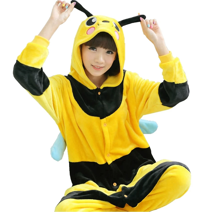 Yellow Bee Family Party Pajamas Onesie Flannel Boy Girl Sleeping Clothes Animal Costume For Teen And Adult Anime Kigurumi Set