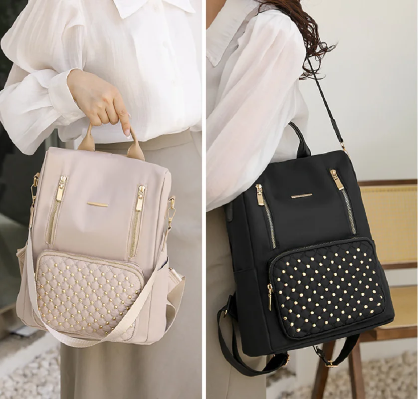 Korean Fashion Rivet Large Capacity Waterproof Nylon Backpack Women Anti Theft Travel Double Shoulder Bags Notebook School Bags