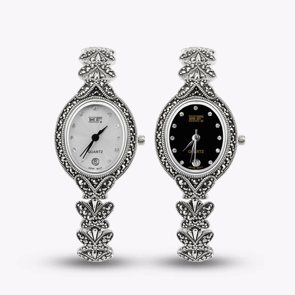 Solid 925 Sterling Silver Thailand Silver Marcasite Butterfly Style Luxury Wrist Watches Jewelry Women's Quartz Watches Bracelet